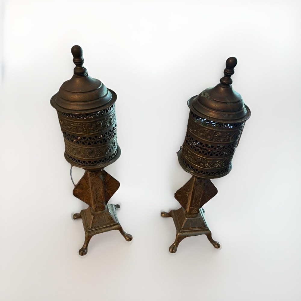 Bronze & Cast Antique Moroccan Art Deco Pair of Oil Lamps Converted Filigree